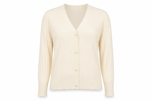 Front view of Kelly & Grace Women’s Ivory V-Neck Button Cardigan, size M
