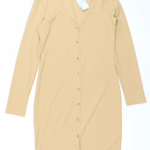 Primark Women Beige Ribbed Button Long Sleeve Bodycon Dress Size Small 10-12