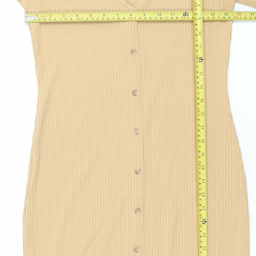 Primark Women Beige Ribbed Button Long Sleeve Bodycon Dress Size Small 10-12