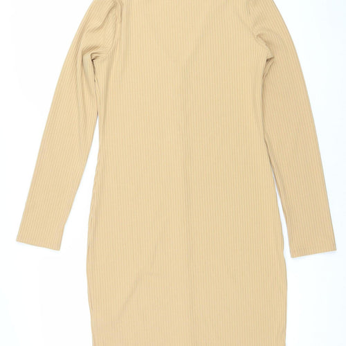 Primark Women Beige Ribbed Button Long Sleeve Bodycon Dress Size Small 10-12