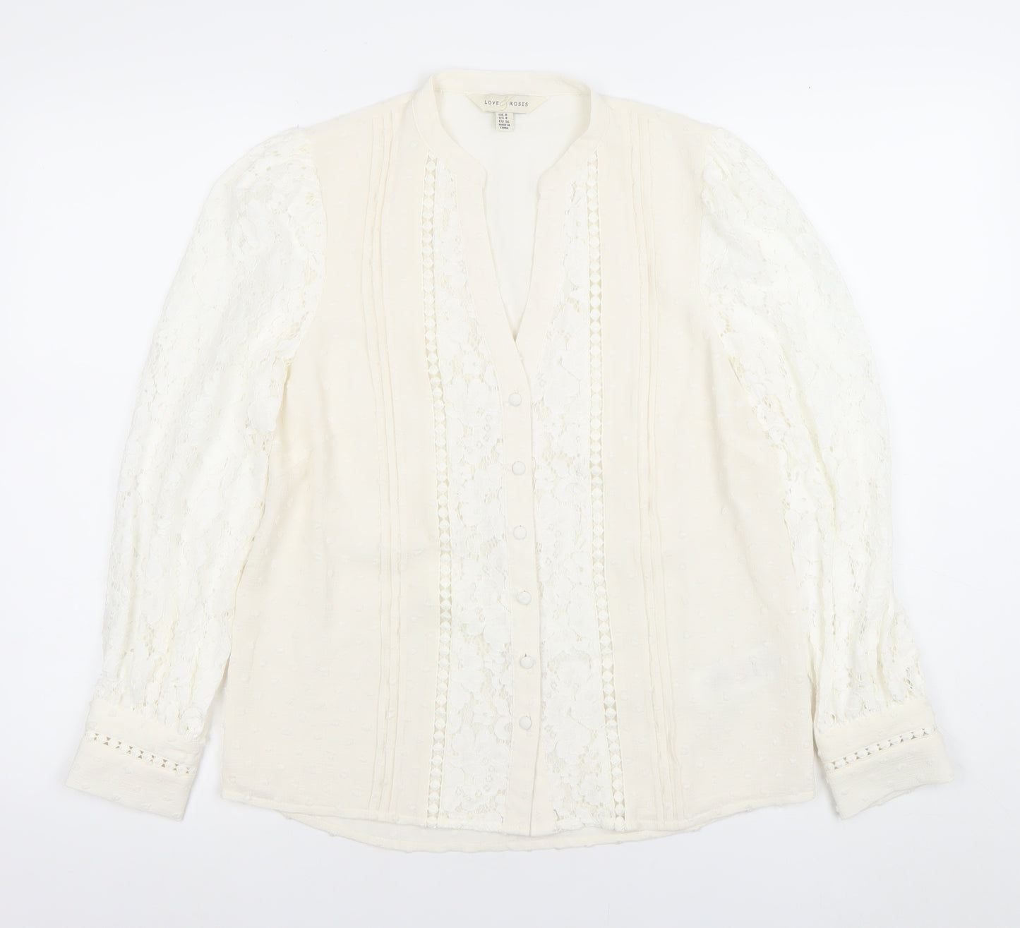 Love & Roses Women's Ivory Lace Long Sleeve V-Neck Blouse UK 8