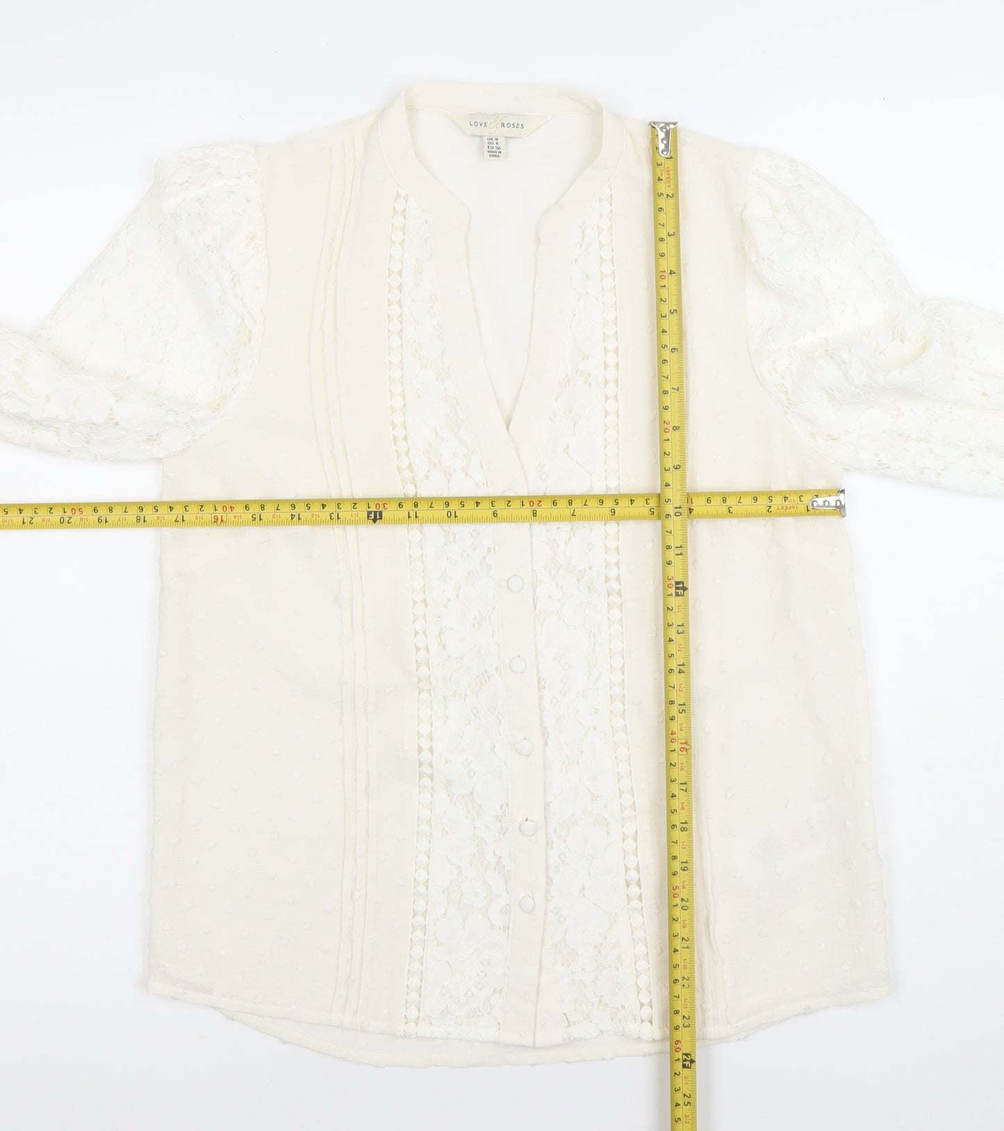 Love & Roses Women's Ivory Lace Long Sleeve V-Neck Blouse UK 8