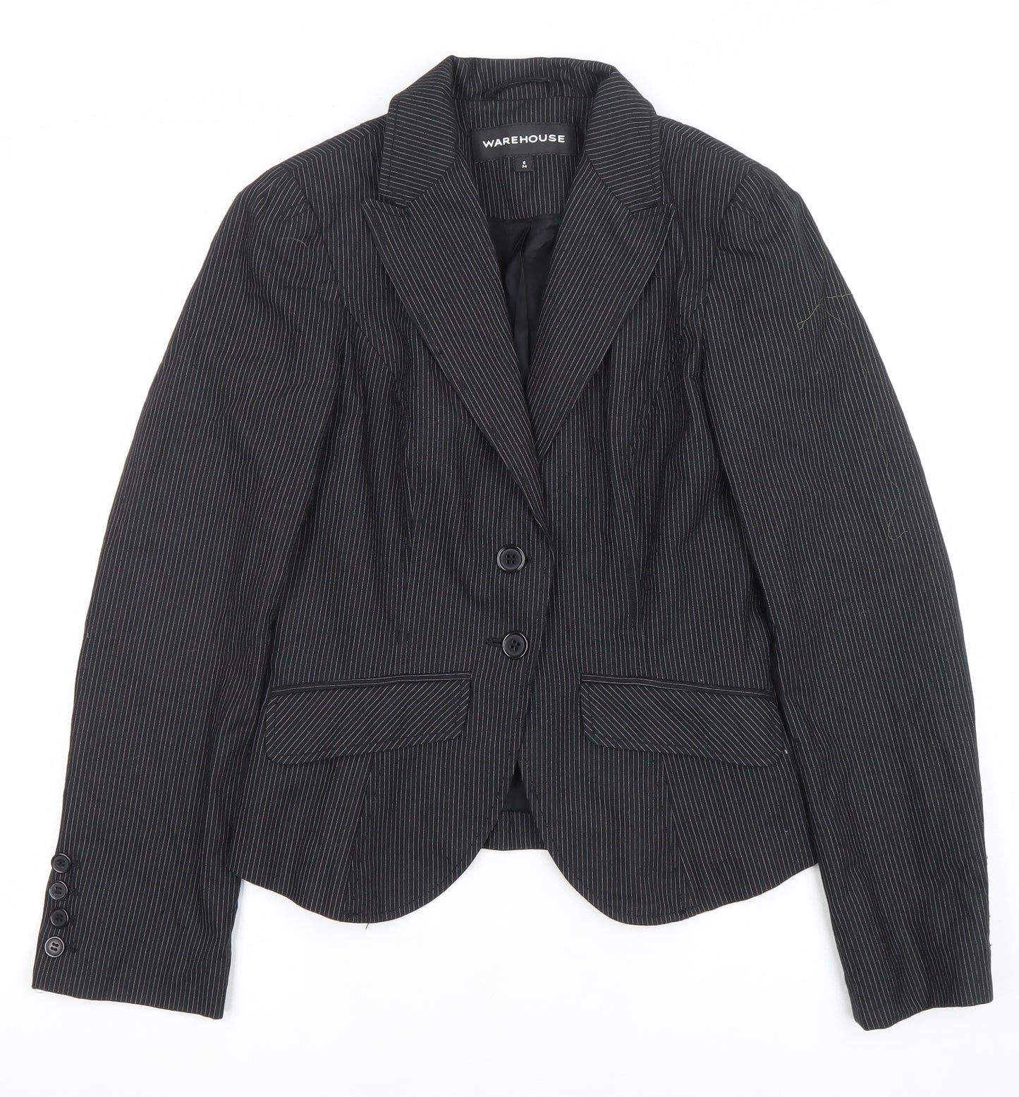 Warehouse Women's Black Pinstripe Blazer Size 6 Tailored Single-Breasted Jacket