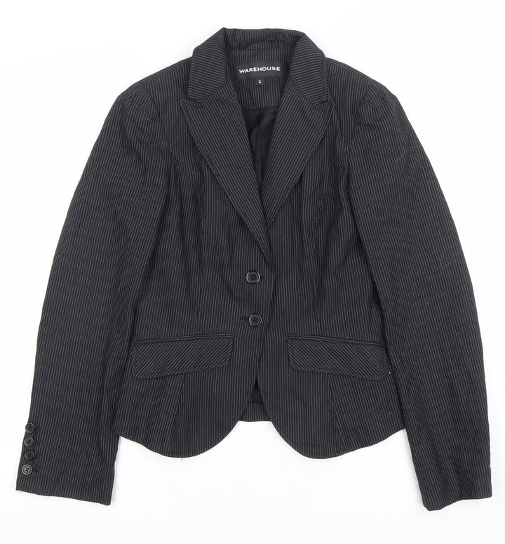 Warehouse Women's Black Pinstripe Blazer Size 6 Tailored Single-Breasted Jacket