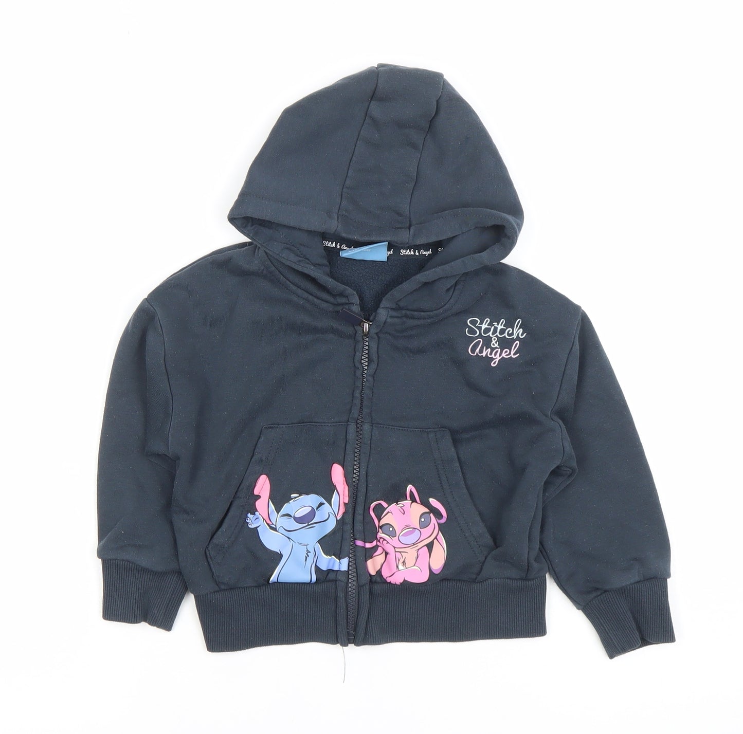 Primark Girls Black Stitch & Angel Full Zip Hoodie 2-3 Years Cotton Blend