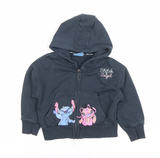 Primark Girls Black Stitch & Angel Full Zip Hoodie 2-3 Years Cotton Blend