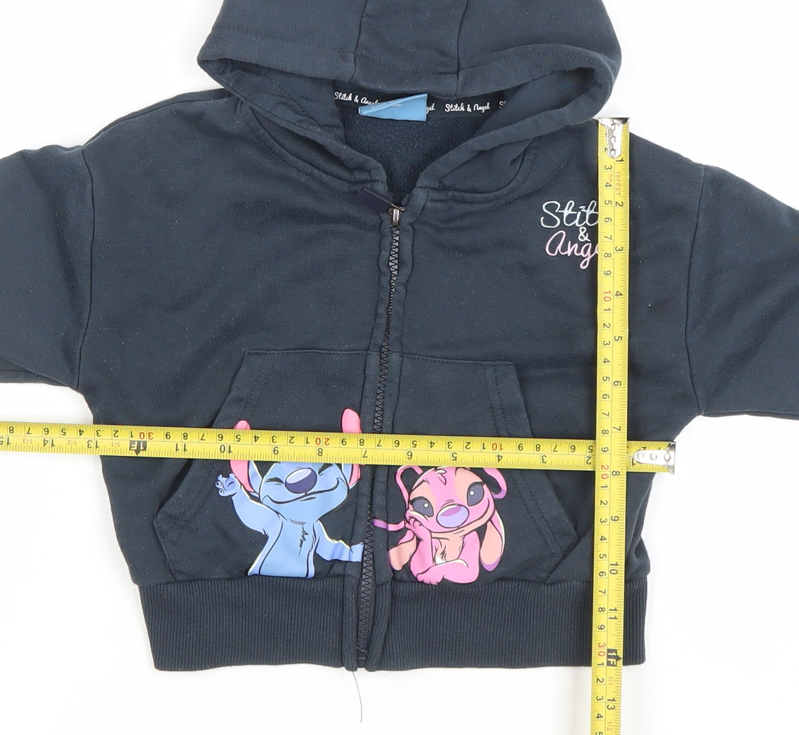 Primark Girls Black Stitch & Angel Full Zip Hoodie 2-3 Years Cotton Blend
