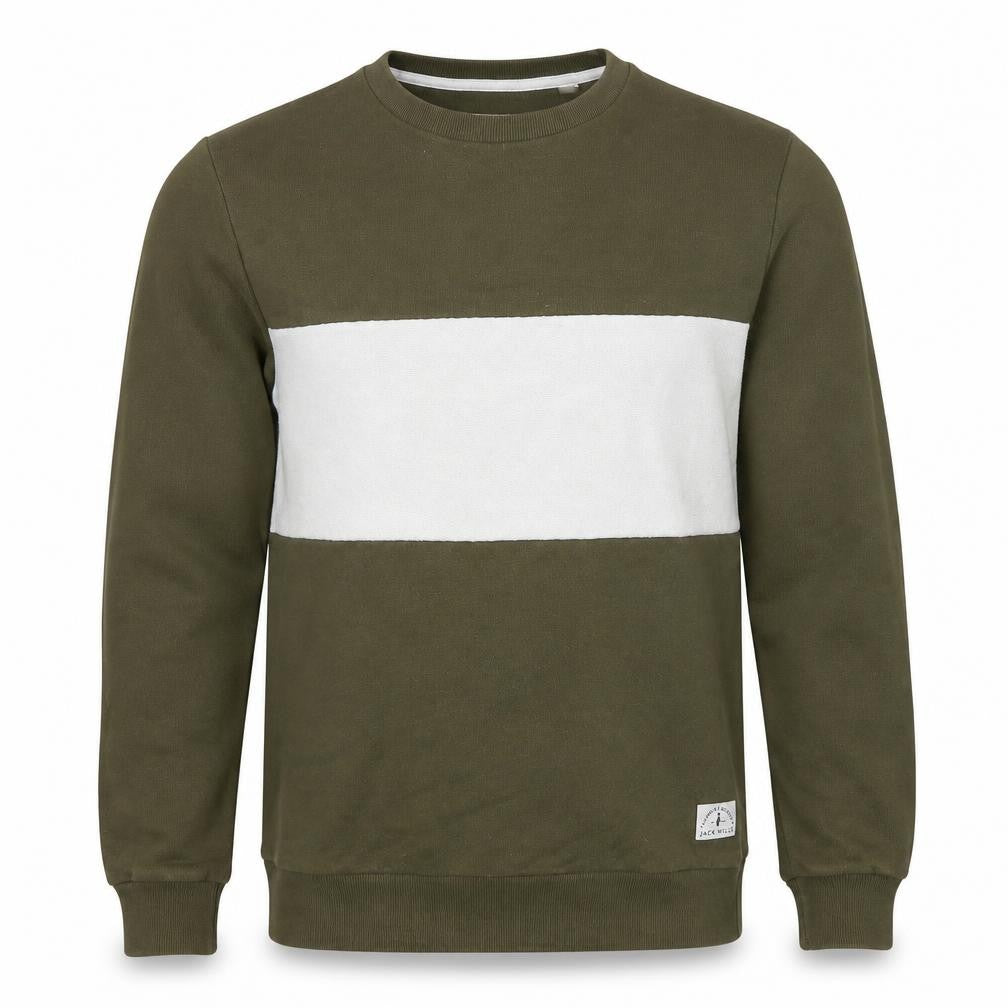 Front view of Jack Wills men’s green & white crew neck sweatshirt, size S, classic fit