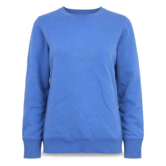 Front view of Puma women’s blue cotton blend crew neck pullover sweatshirt, size UK 12