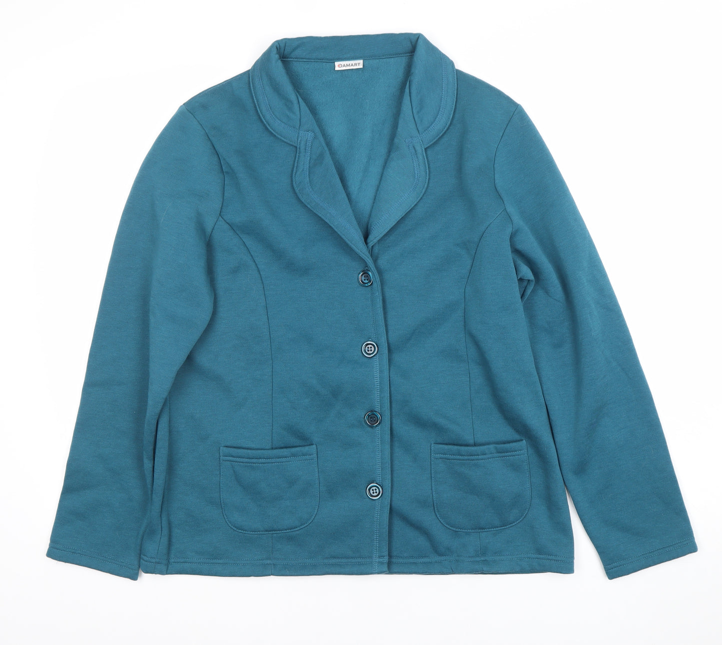 Damart Womens Blue Collared Cardigan M 14/16 Long Sleeve Polyester Cotton