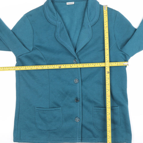 Damart Womens Blue Collared Cardigan M 14/16 Long Sleeve Polyester Cotton