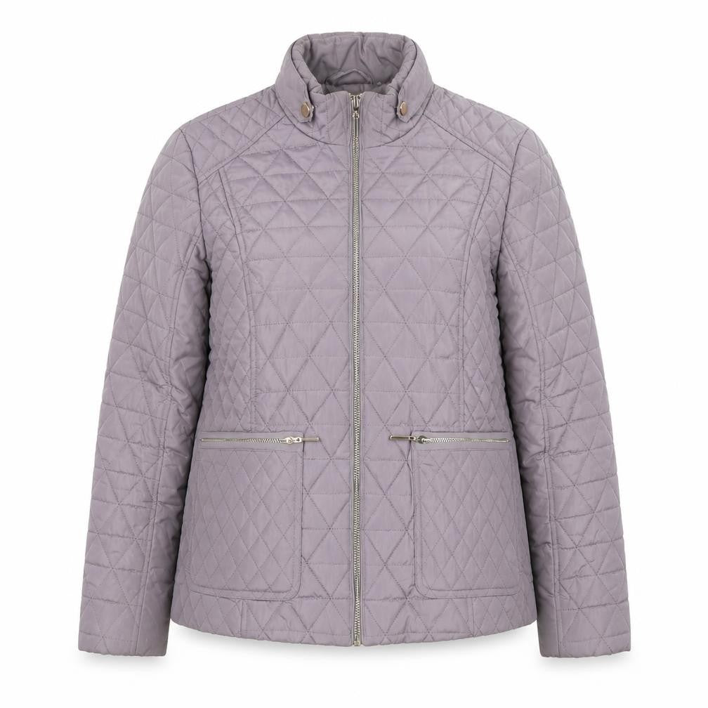 Front view of Gallery Women's Grey Quilted Full Zip Mid-Length Jacket, size 12