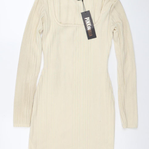 PINK VANILLA Women’s Ivory Ribbed Bodycon Long Sleeve Short Dress Size S