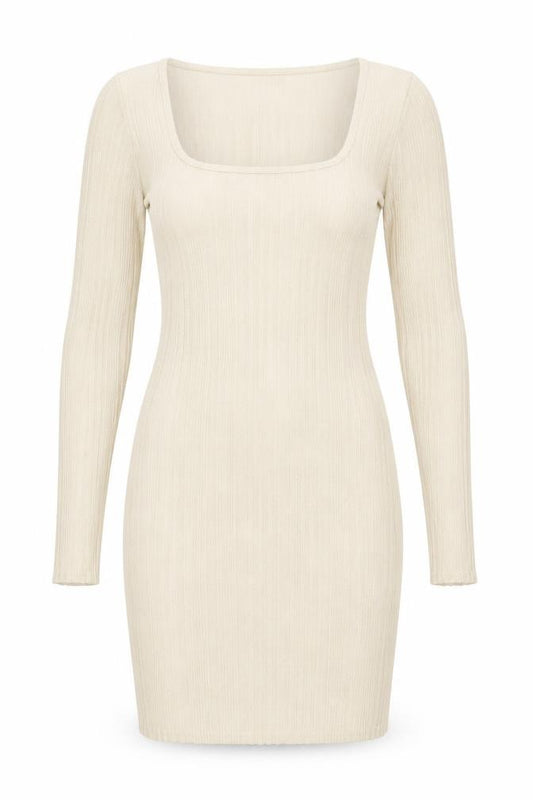 Front view of PINK VANILLA Women’s Ivory Ribbed Bodycon Long Sleeve Short Dress, size S