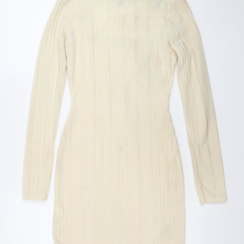 PINK VANILLA Women’s Ivory Ribbed Bodycon Long Sleeve Short Dress Size S
