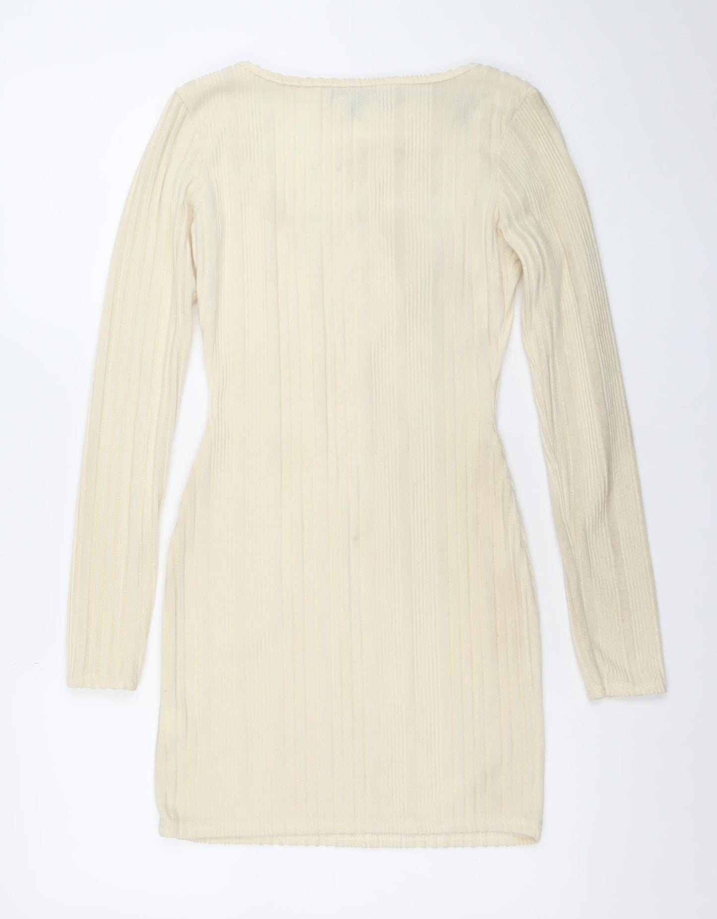 PINK VANILLA Women’s Ivory Ribbed Bodycon Long Sleeve Short Dress Size S