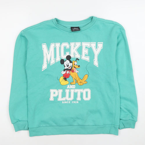Disney Mickey & Pluto Boys Green Sweatshirt 10-11 Years 146cm Crew Neck Pullover