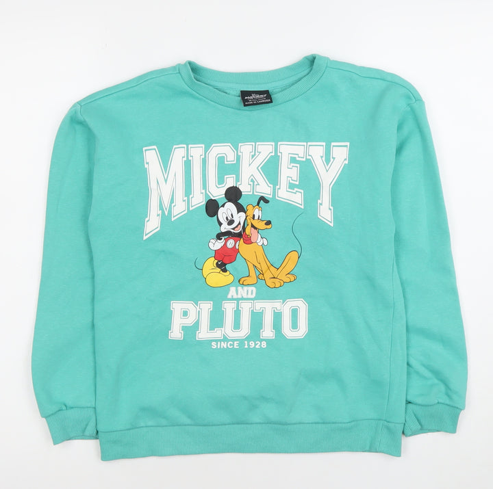 Disney Mickey & Pluto Boys Green Sweatshirt 10-11 Years 146cm Crew Neck Pullover