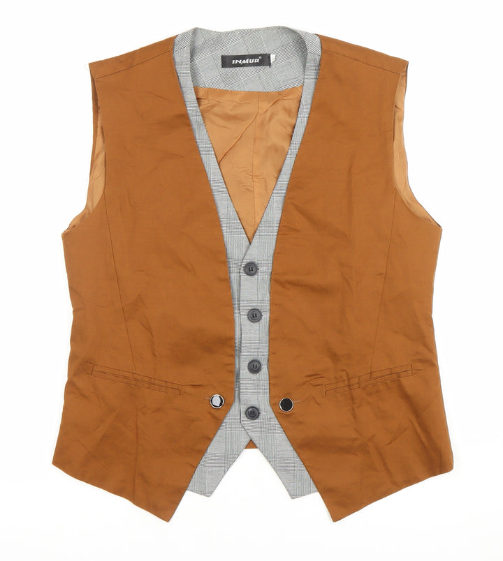 INMUR Men's Brown Slim Fit Waistcoat Checked Trim Size XL