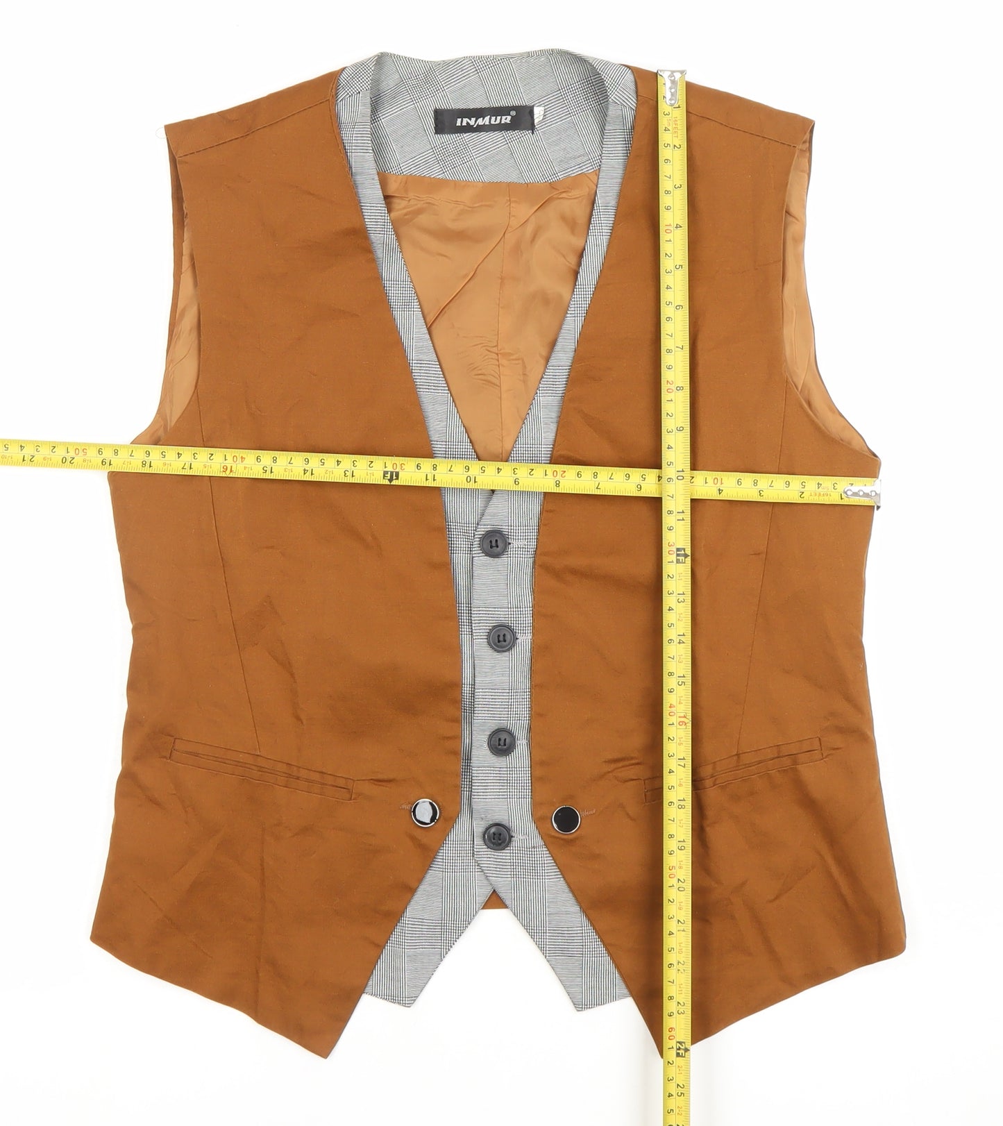 INMUR Men's Brown Slim Fit Waistcoat Checked Trim Size XL