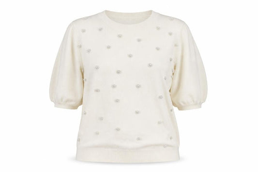 Front view of Savida Women’s Ivory Beaded Short Sleeve Knit Top, size UK 12