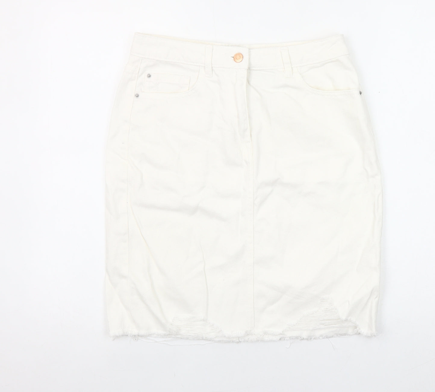 Next Women Ivory Denim Pencil Skirt Size 10 Tall Cotton Knee Length
