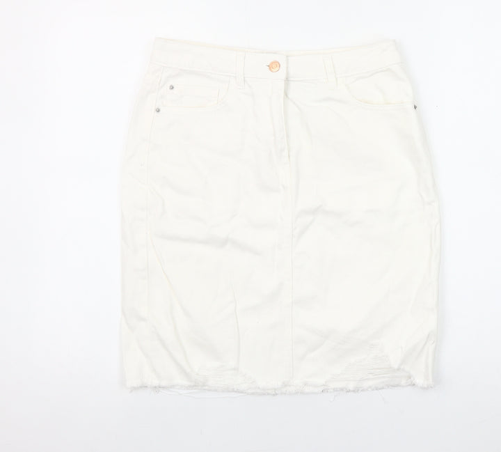 Next Women Ivory Denim Pencil Skirt Size 10 Tall Cotton Knee Length