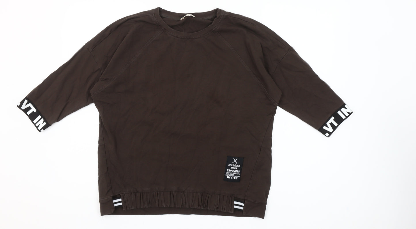 Megi Collection Women Brown Cotton Blend 3/4 Sleeve Pullover Sweatshirt S-M