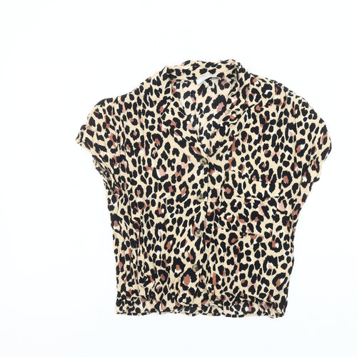 Bershka Womens Beige Leopard Print Cropped Blouse XS
