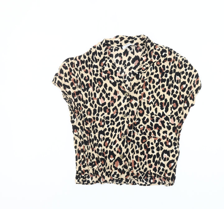 Bershka Womens Beige Leopard Print Cropped Blouse XS