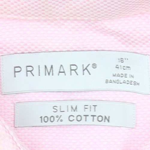 Primark Men's Pink Slim Fit Cotton Long Sleeve Button-Up Shirt 16 Collar