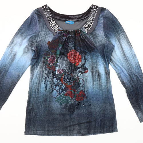 Carlina Womens Blue Floral Studded Long Sleeve Tunic Top L