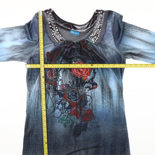 Carlina Womens Blue Floral Studded Long Sleeve Tunic Top L