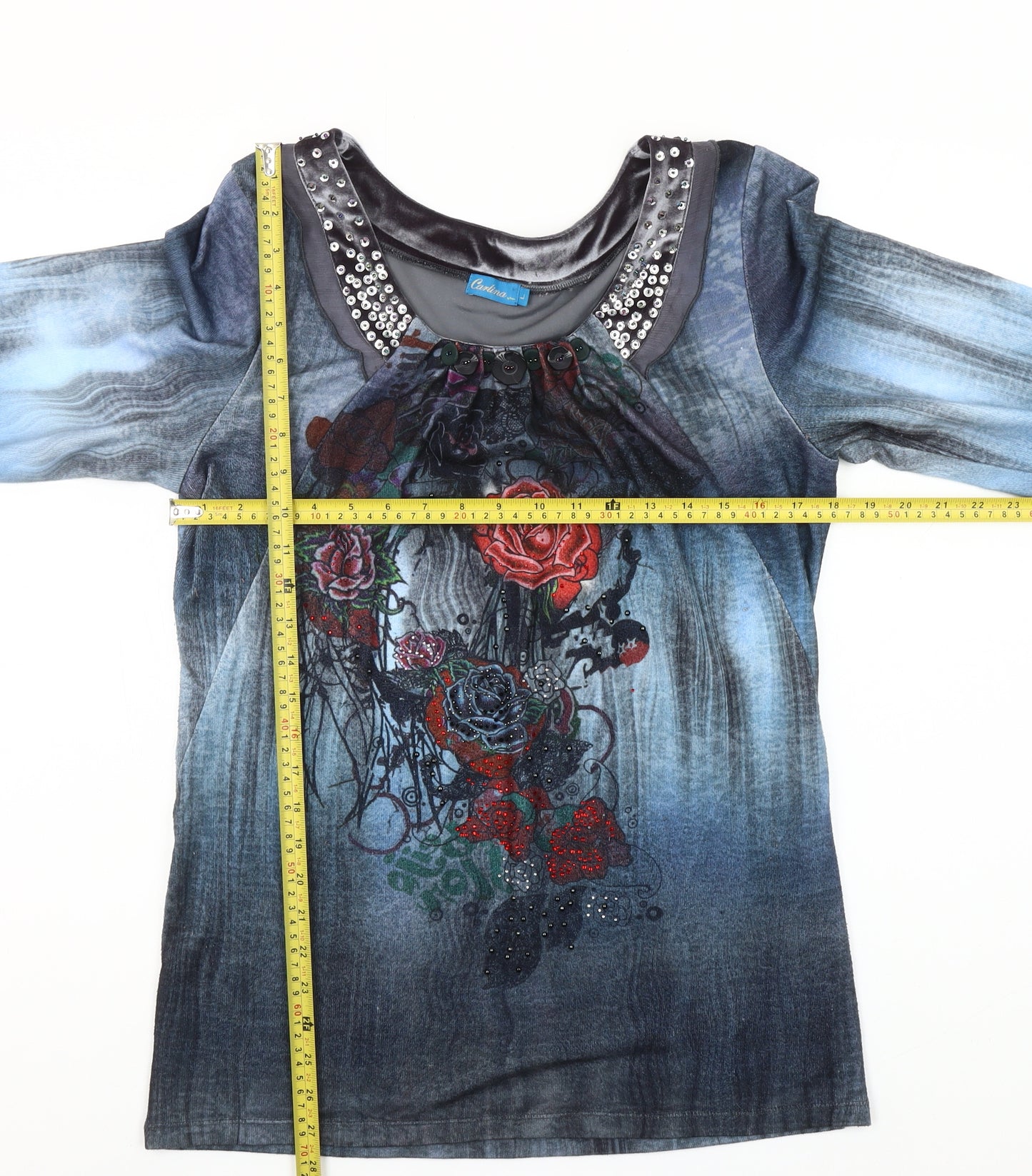 Carlina Womens Blue Floral Studded Long Sleeve Tunic Top L