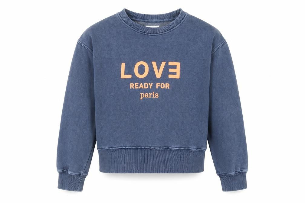 Front view of Zara girls’ blue love paris graphic pullover sweatshirt 11-12 years