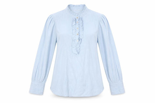 Front view of FREE/QUENT Women's Blue Ruffle Front Long Sleeve Blouse, size M