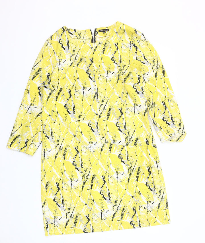 Warehouse Women’s Yellow Shift Dress Size 12 3/4 Sleeve Zip Detail