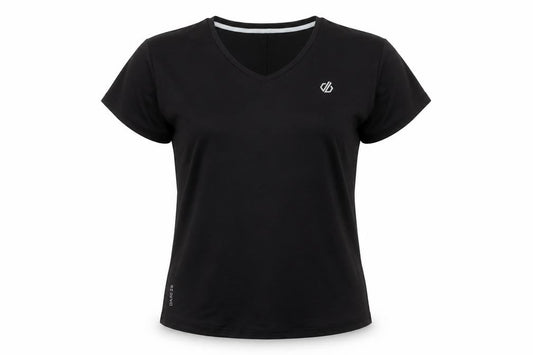 Front view of Dare 2b women’s black, size UK 18, v-neck lightweight active t-shirt