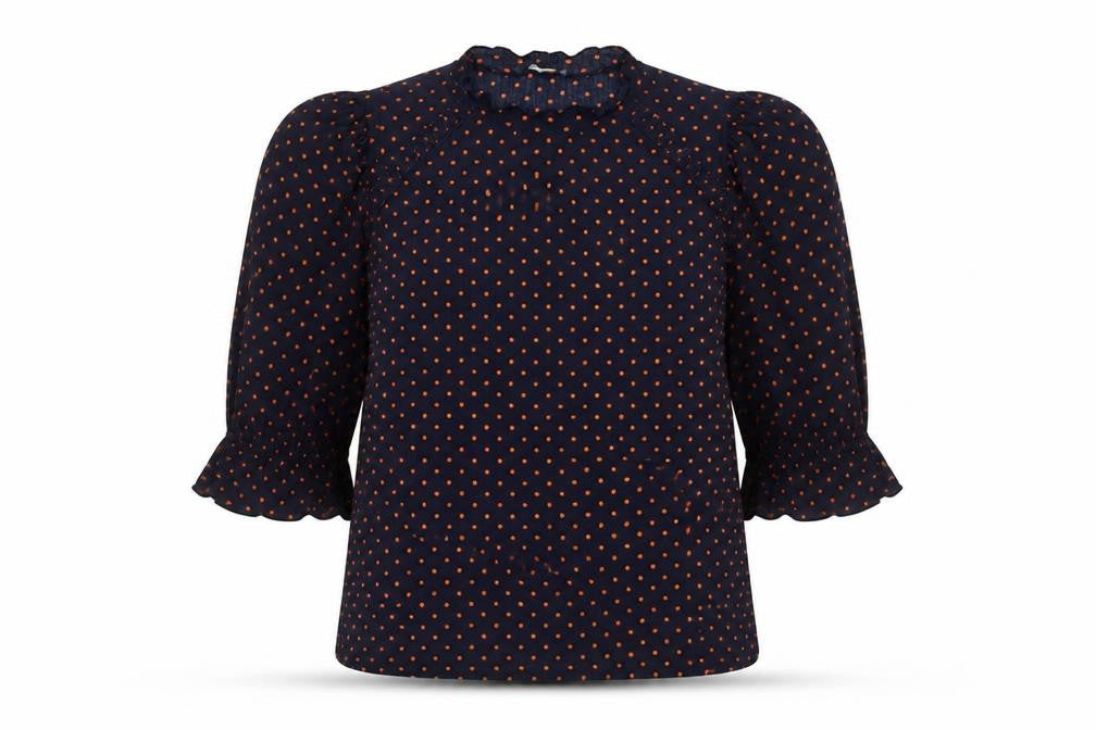 Front view of Zara Woman Blue Polka Dot Puff Sleeve Blouse, size S