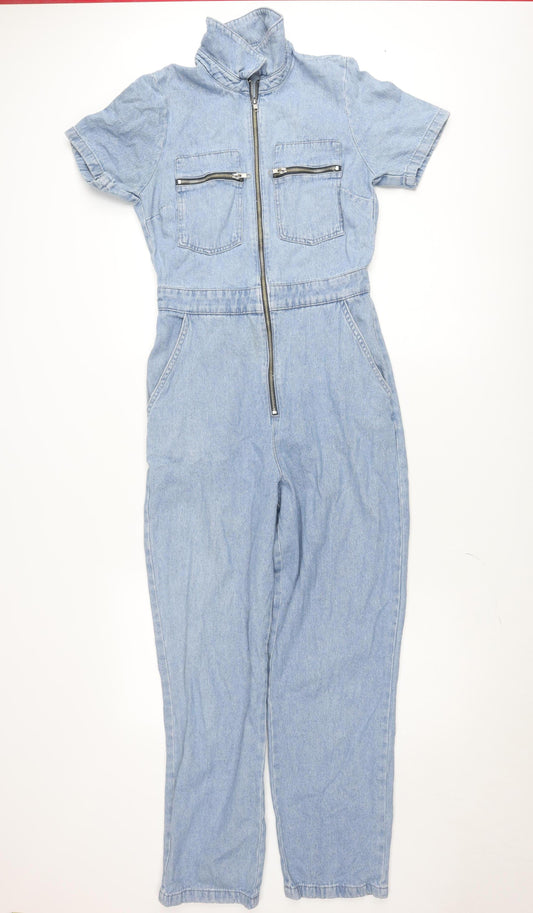 Topshop Women Blue Denim Short Sleeve Zip Jumpsuit Size 10