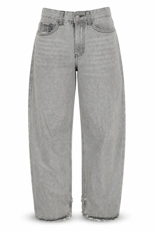 Front view of PRETTYLITTLETHING women’s grey high rise mom jeans, size UK 4