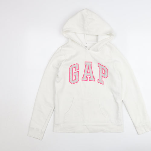 GAP Kids Girls White Logo Pullover Hoodie Size 14-16 Years Fleece