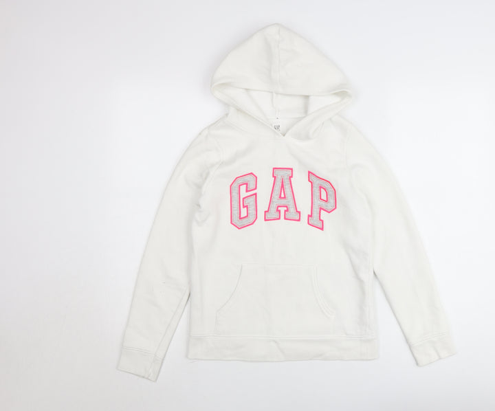 GAP Kids Girls White Logo Pullover Hoodie Size 14-16 Years Fleece