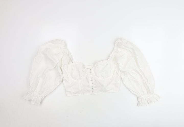 Boohoo Women’s White Cropped Puff Sleeve Blouse UK 14