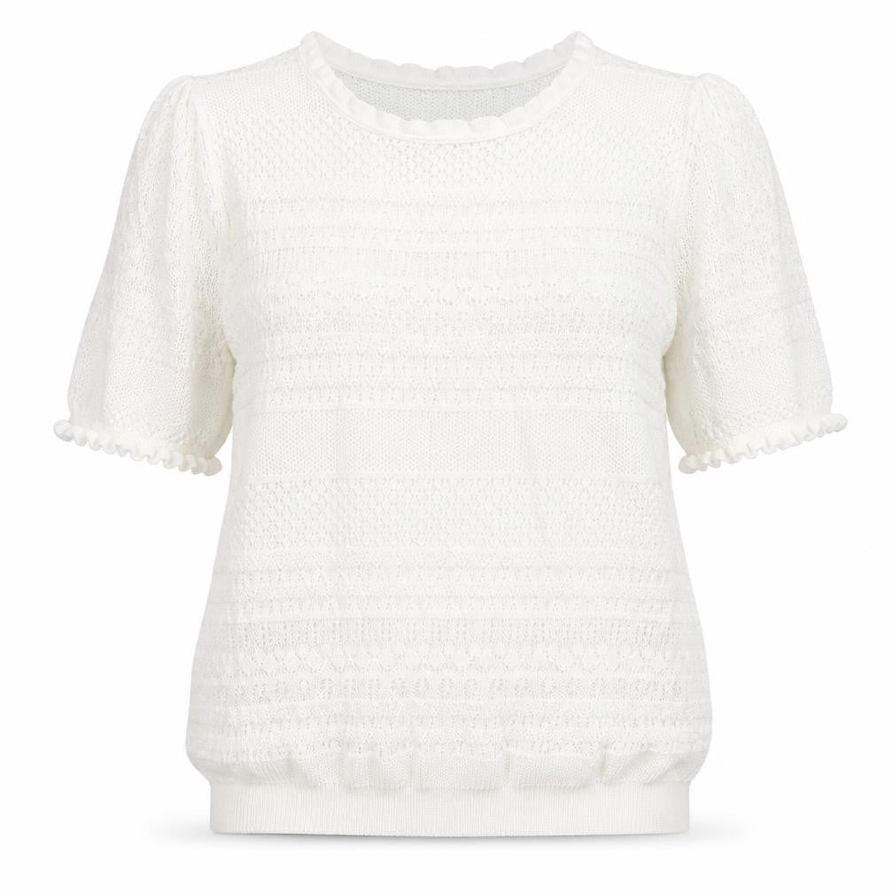 Front view of Gallery Women’s White Knit Short Sleeve Blouse, size L