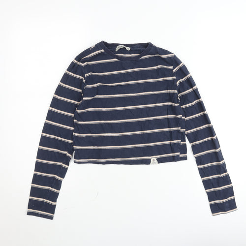 Pull&Bear Women Blue Striped Cropped Long Sleeve Cotton T-Shirt Size 8