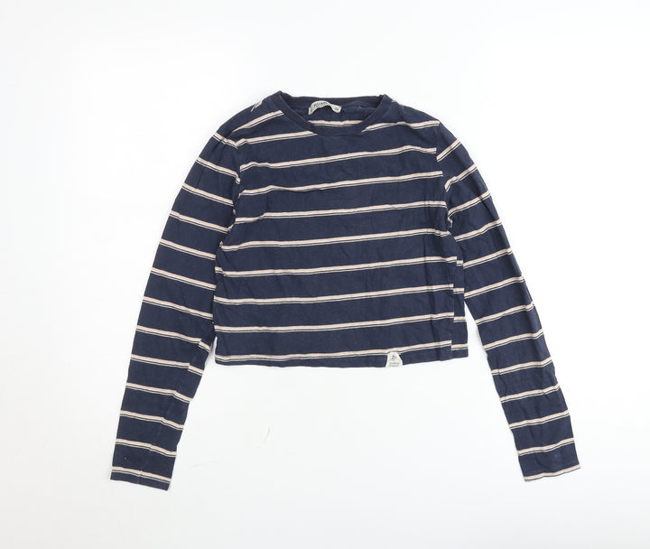 Pull&Bear Women Blue Striped Cropped Long Sleeve Cotton T-Shirt Size 8