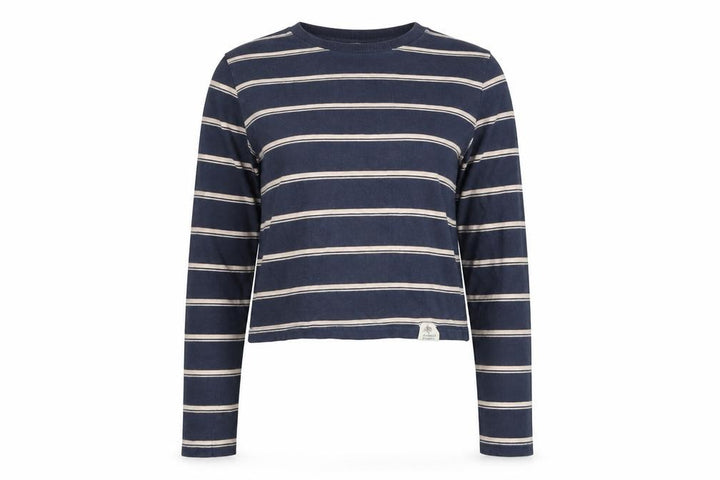 Pull&Bear Women Blue Striped Cropped Long Sleeve Cotton T-Shirt Size 8
