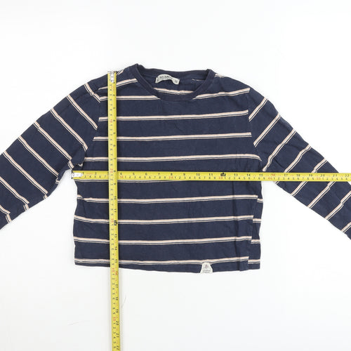 Pull&Bear Women Blue Striped Cropped Long Sleeve Cotton T-Shirt Size 8
