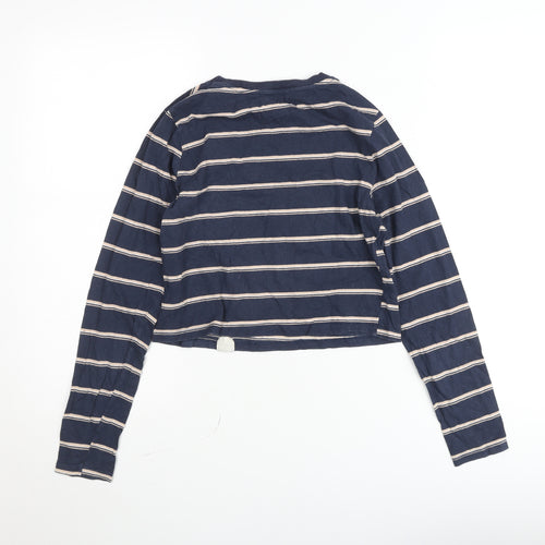 Pull&Bear Women Blue Striped Cropped Long Sleeve Cotton T-Shirt Size 8